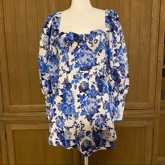 Missguided Blue Floral Puff Sleeve 